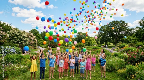 Diverse group of happy children and adults releasing colorful balloons in field. Celebration of International childrens day. Outdoor activity, community, joy and childhood fun concept.
