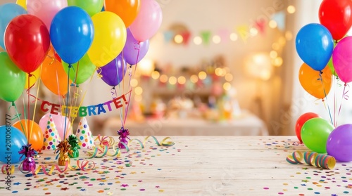 Colorful balloons and party decorations on wooden table at International Childrens Day background. Festive setting for joy, celebration, birthday and childhood event with confetti.