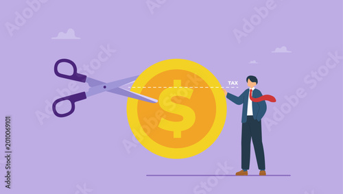 Businessman with scissors cutting part of dollar coin. Metaphor for paying taxes, tax deduction or reduction concept.