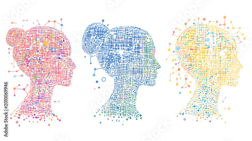 Three head silhouettes, formed from colorful geometric shapes, connected by lines on a white background