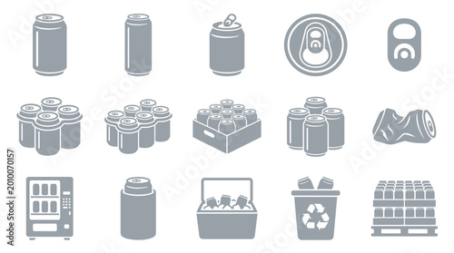 Fotografija Collection of gray icons representing various aspects of canned beverages, including individual cans, multi-packs, vending machines, coolers, recycling bins, and crushed cans