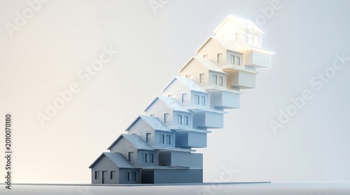 Stacked house layers rising upward, real estate investment growth concept
