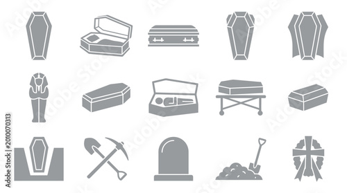 Foto Collection of various funeral and burial related icons, including coffins, sarcophagus, tombstone, and digging tools