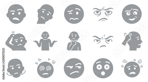 Canvastavla A collection of 15 gray icons representing various human emotions and mental states, including confusion, anger, and contemplation