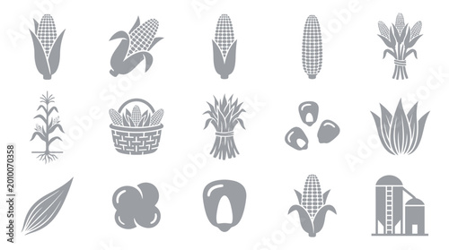 Foto A collection of stylized, monochromatic icons representing various aspects of corn cultivation and products, including ears of corn, stalks, kernels, and storage