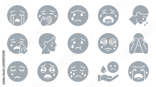 Obraz na plátně Collection of gray icons depicting various forms of sadness, crying, and distress, including tearful faces, blowing noses, and hands covering faces