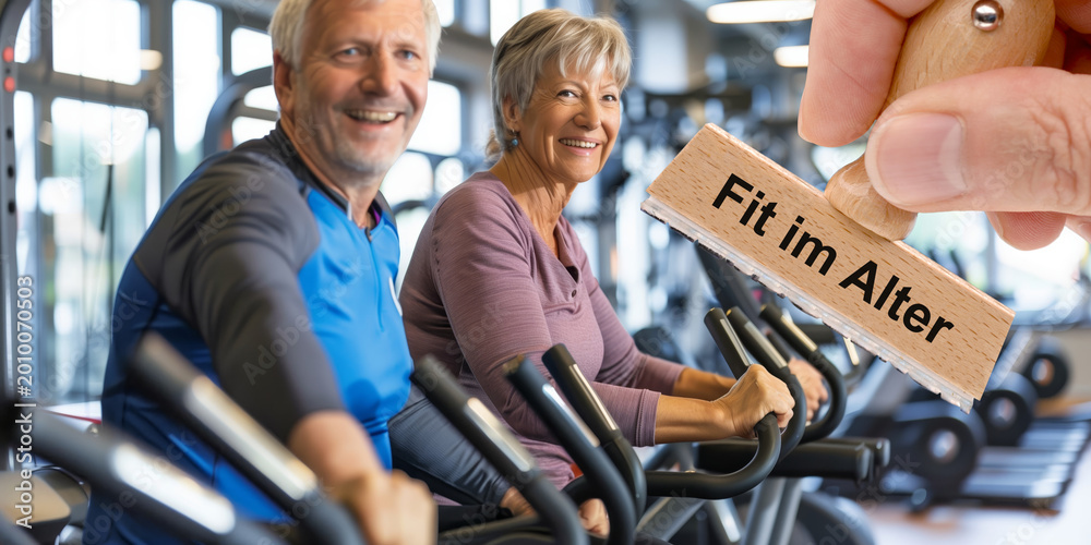 Obraz premium Ein Holzstempel ist beschriftet mit dem Aufdruck: Fit im Alter über einem Senior beim Sport – FOTOMONTAGE