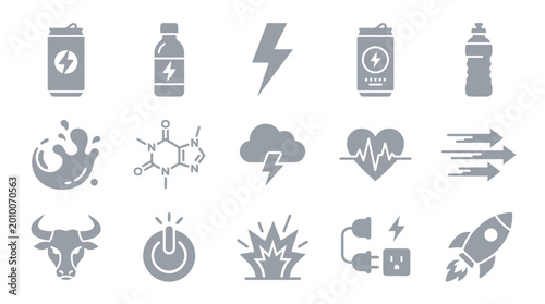 Vászonkép A collection of grey icons representing energy, power, and vitality, including drinks, lightning, and a bull