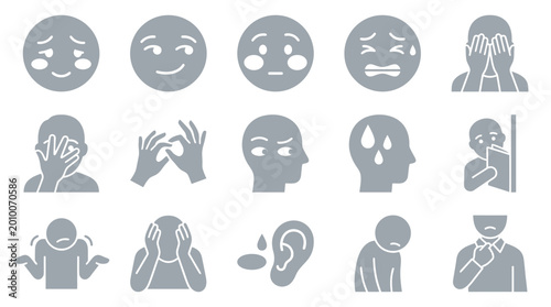 Cuadro en lienzo Collection of gray icons representing various human emotions and psychological states, including sadness, anxiety, stress, and confusion