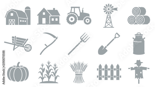 Foto A collection of farm-related icons, including a barn, house, tractor, windmill, hay bales, wheelbarrow, scythe, pitchfork, shovel, milk can, pumpkin, corn stalks, wheat sheaf, fence, and scarecrow