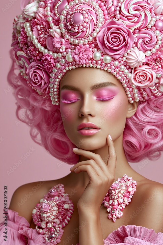 Fototapeta premium Eine Frau mit rosafarbener Perücke und aufwendigem Kopfschmuck aus Süßigkeiten und Rosen posiert vor rosa Hintergrund.