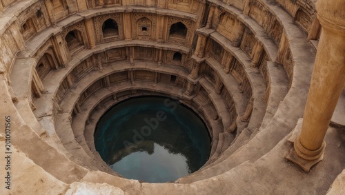 Looking down into a circular stepwell structure, with ornate carvings and water