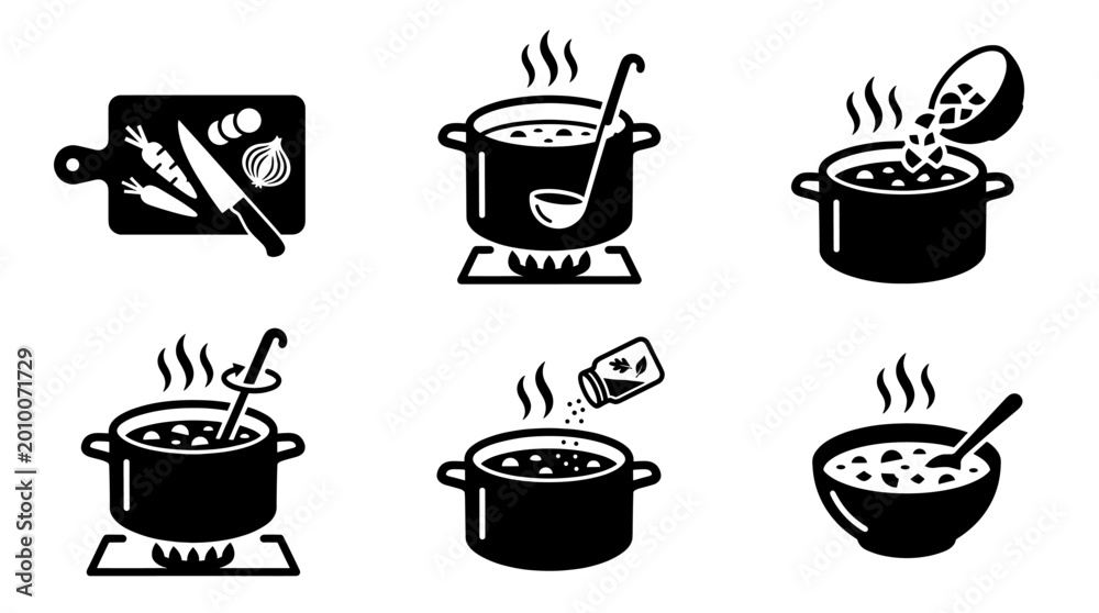 Obraz premium Soup Cooking Icon Set in Minimal Black Silhouette Style