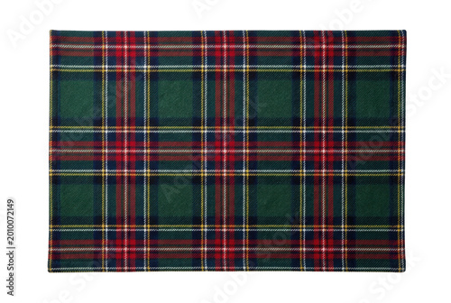 Green tartan plaid fabric placemat top view isolated. Traditional table setting mockup.