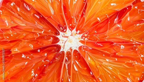 Extreme closeup of a juicy blood orange slice, showing vibrant red flesh and white pith with glistening droplets, perfect for food and beverage concepts