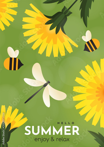 Summer poster with dandelions,  dragonfly and  bee