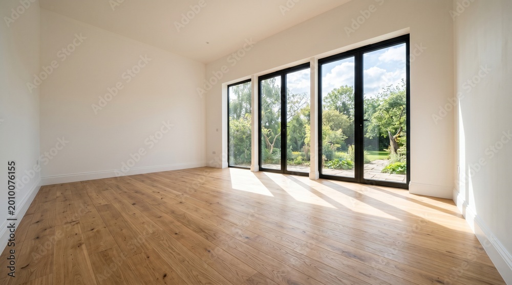 Fototapeta premium Empty modern room interior featuring large black bifold glass doors opening towards a lush green private garden backyard area