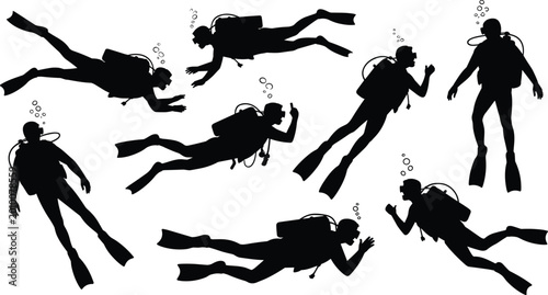 Canvastavla Black Silhouette Scuba Diver Underwater Action Pose Set with Different Swimming