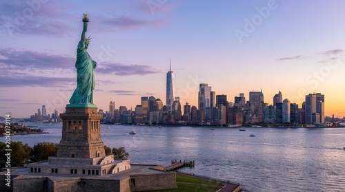 Manhattan skyline panorama featuring the Statue of Liberty and NYC skyscrapers.