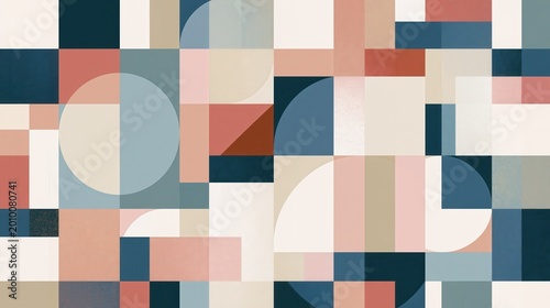 Abstract geometric artwork featuring a balanced composition of circles, squares, and rectangles in muted tones of blue, beige, red, and cream.