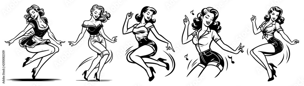 Obraz premium Retro Pin-up Girl Dancing Poses Set, Vintage Style Woman in High Waist Shorts Moving to Music Illustration Vector