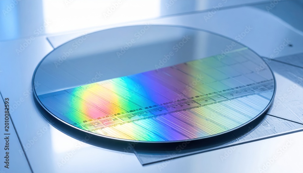 Fototapeta premium Circular silicon wafer reflecting vibrant rainbow interference patterns showcasing technological innovation