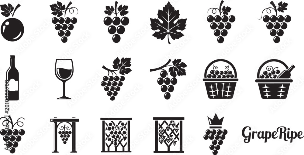 Fototapeta premium Collection of black grape and wine including bunches leaves bottle glass baskets and text symbol harvest