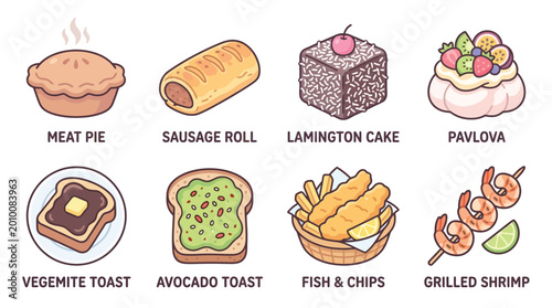 Foto A collection of eight popular Australian and New Zealand food items, including a meat pie, sausage roll, Lamington cake, pavlova, Vegemite toast, avocado toast, fish and chips, and grilled shrimp