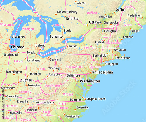 Bild auf Leinwand Map of the State Pennsylvania (United States of America) and a large area of neighboring states for small print size
