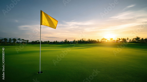 A captivating view of a yellow golf flag waving in the wind with a bright sunlight on the golf course