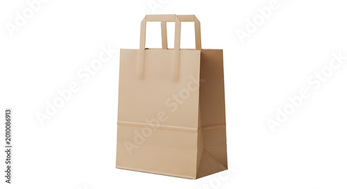 Plain brown paper shopping bag with twisted paper handles on white background