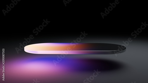 Slim glass plate glowing with neon light gradient over dark background
