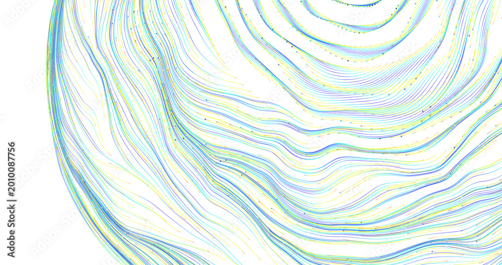 Fototapeta premium Abstract graphic of curved lines in blue, yellow, and white, creating a flowing circular design. Great for backgrounds a