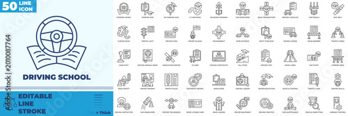 Driving School Line Editable Icons set