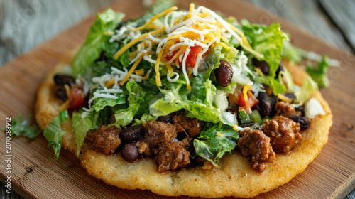 A delicious Navajo taco, a Native American cuisine. It's a culinary treat with fresh vegetables on a fluffy flatbread