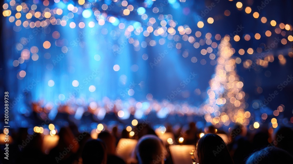 Fototapeta premium Blurred Christmas concert stage with festive lights and holiday mood,
