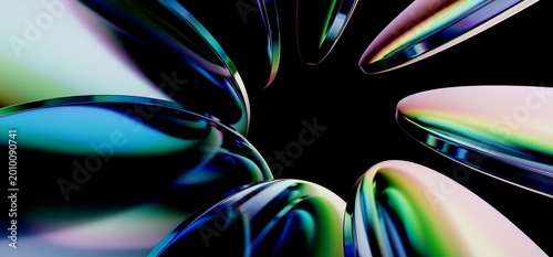 Foto Iridescent glossy plates with chromatic dispersion against a black background