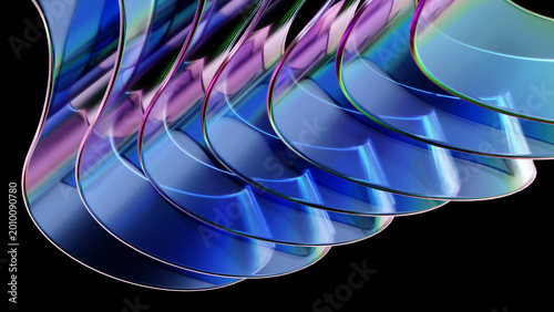 Abstract background with flowing blue iridescent curved glass shapes on black