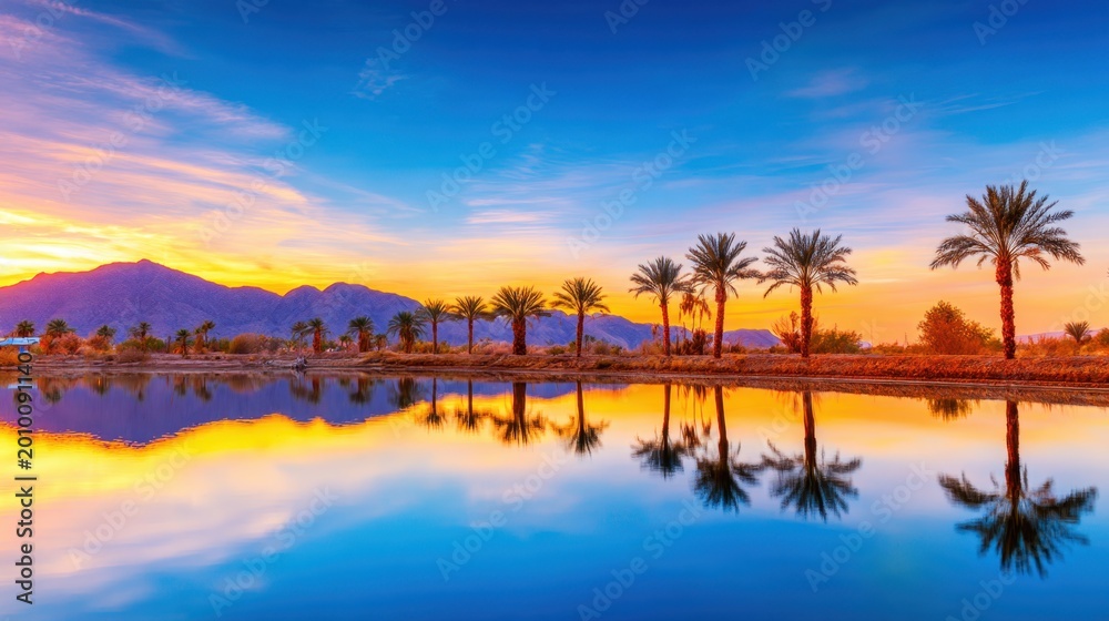 Obraz premium A tranquil sunset reflecting on calm waters with palm trees silhouetted against a colorful sky