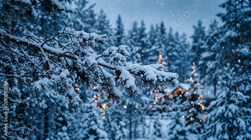 Snow-covered branches frame a cozy cabin in a winter forest with falling snow and twinkling lights creating a serene scene