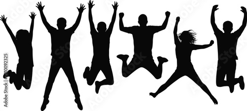 Fotografía Black Silhouette Happy People Jumping in Air Group Set with Energetic Men and Wo