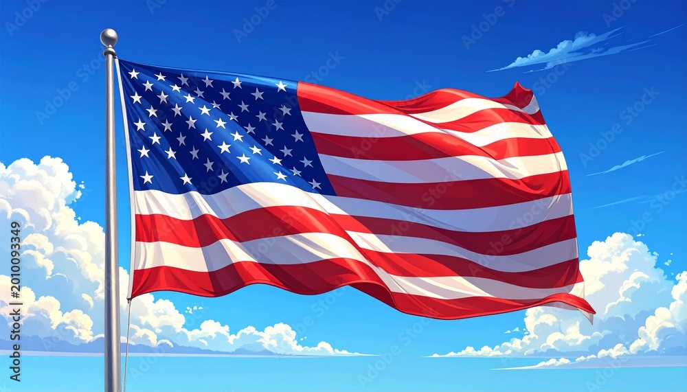 Obraz premium Waving american flag against a dramatic blue sky with clouds united states stars and stripes national emblem patriotism government republic