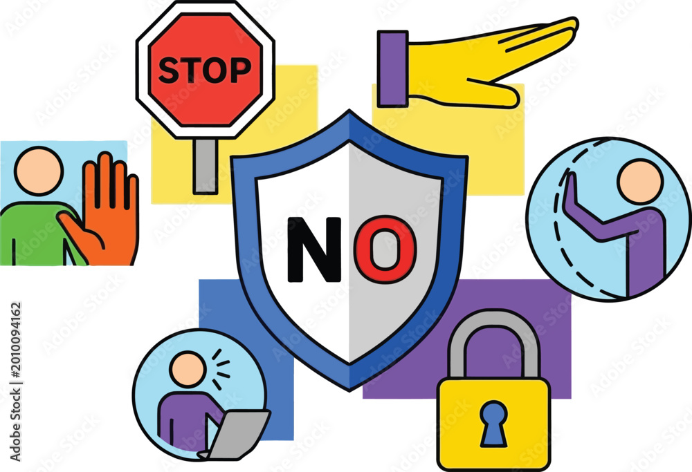 Obraz premium Cybersecurity Shield with No Symbol, Stop Sign, Padlock, and Hand Gestures