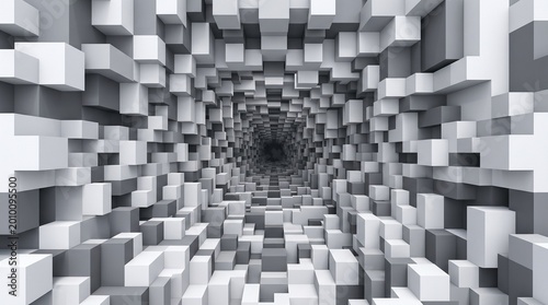 Futuristic 3D geometric tunnel in monochromatic grayscale with chaotic blocks for technology background