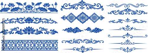Various Blue Geometric and Floral Border Patterns for Traditional Thai Decor
