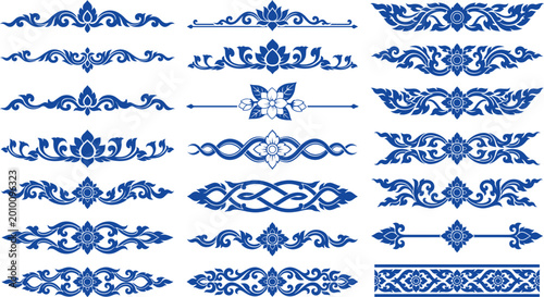 Large Collection of Thin Blue Floral Line Dividers and Decorative Borders