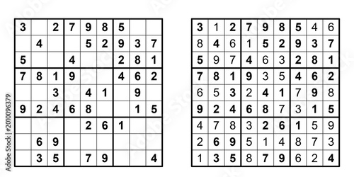 Bild auf Leinwand Plantilla de Sudoku nivel muy fácil para principiantes con solución