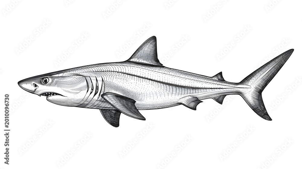 Fototapeta premium Detailed black and white illustration of a shark, showcasing its powerful form and distinct features with a predatory essence