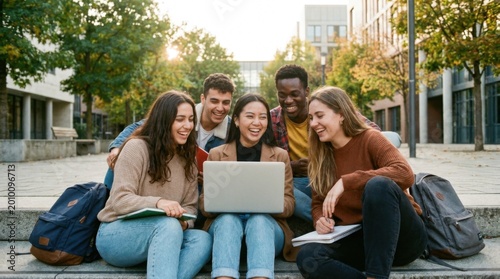 Diverse university students collaborating on a modern green campus