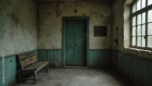 Old door to psychiatric ward. Vintage psychiatric hospital entry. Forgotten mental health facility. Closed mental institution entrance.